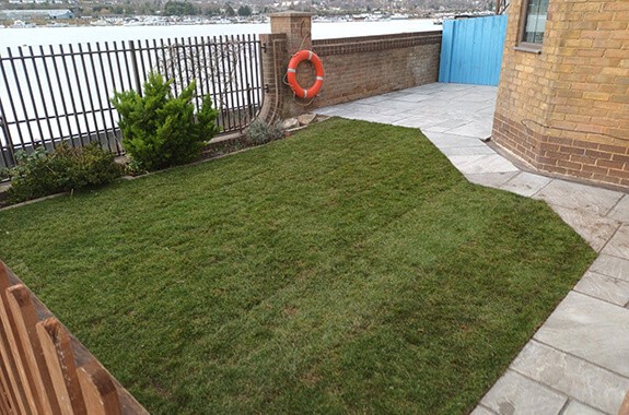 Freshly laid turf rolls.